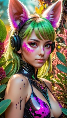 1girl,solo,long hair,breasts,looking at viewer,bangs,animal ears,cleavage,bare shoulders,medium breasts,closed mouth,green eyes,yellow eyes,upper body,flower,multicolored hair,green hair,artist name,cat ears,blurry,lips,animal ear fluff,fox ears,eyelashes,makeup,blurry background,fake animal ears,swept bangs,headphones,leaf,watermark,facial mark,plant,lipstick,eyeshadow,pink lips,nose,eyeliner,whisker markings,facepaint,mascara,paint splatter,animal ear headphones,cat ear headphones,blonde hair,small breasts,signature,gradient hair,between breasts,freckles