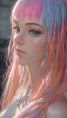 1girl,solo,long hair,looking at viewer,bangs,bare shoulders,jewelry,closed mouth,green eyes,upper body,pink hair,multicolored hair,necklace,blurry,from side,lips,eyelashes,blurry background,portrait,close-up,realistic,nose,blue hair,artist name,orange hair,gradient hair,makeup,pink lips,mascara