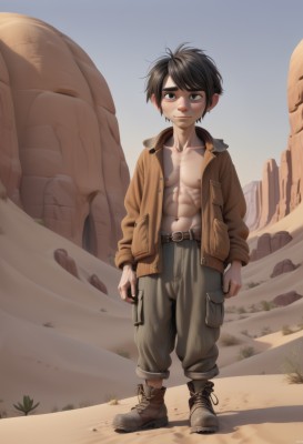 solo,looking at viewer,smile,short hair,black hair,1boy,navel,nipples,collarbone,jacket,full body,weapon,male focus,boots,outdoors,open clothes,sky,day,belt,pants,artist name,black eyes,open jacket,gun,muscular,abs,thick eyebrows,pectorals,child,walking,brown jacket,male child,desert,cliff,brown hair,brown eyes,standing,rock,realistic,sand,dirty