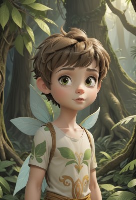 solo,looking at viewer,smile,short hair,brown hair,shirt,1boy,green eyes,collarbone,white shirt,upper body,short sleeves,male focus,outdoors,parted lips,wings,day,tree,leaf,thick eyebrows,plant,messy hair,child,nature,forest,freckles,fairy wings,fairy,male child,artist name,bag,lips,backpack