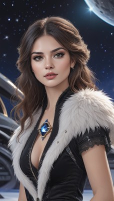 1girl,solo,long hair,breasts,looking at viewer,brown hair,cleavage,brown eyes,jewelry,medium breasts,upper body,short sleeves,earrings,parted lips,sky,necklace,lips,fur trim,wavy hair,gem,star (sky),pendant,starry sky,freckles,curly hair,realistic,nose,space,planet,makeup,fur collar,earth (planet)