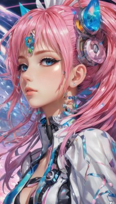 1girl,solo,long hair,breasts,looking at viewer,bangs,blue eyes,hair ornament,cleavage,twintails,jewelry,medium breasts,upper body,ponytail,pink hair,earrings,parted lips,horns,shiny,lips,eyelashes,makeup,headgear,science fiction,pink lips,nose,jacket,open clothes,from side,open jacket,clothing cutout,piercing,cleavage cutout,ear piercing,portrait,eyeshadow,zipper