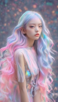 1girl,solo,long hair,breasts,looking at viewer,blue eyes,dress,very long hair,closed mouth,blue hair,upper body,pink hair,multicolored hair,sleeveless,artist name,blurry,black eyes,two-tone hair,lips,see-through,makeup,depth of field,blurry background,wavy hair,eyeshadow,realistic,nose,arms at sides,gradient hair,lipstick