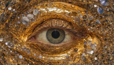 1girl,solo,looking at viewer,no humans,traditional media,scenery,close-up,reflection,bubble,orb,yellow theme,orange theme,eye focus,yellow eyes,eyelashes,from above,light particles,water drop,realistic