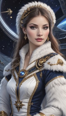 1girl,solo,long hair,breasts,looking at viewer,brown hair,long sleeves,dress,brown eyes,jewelry,medium breasts,upper body,hairband,earrings,star (symbol),lips,coat,fur trim,eyelashes,makeup,gem,star (sky),eyeshadow,science fiction,gold trim,realistic,nose,winter clothes,space,planet,spacecraft,artist name,lipstick,earth (planet)