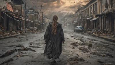 1girl, solo, long hair, brown hair, standing, weapon, outdoors, sky, cloud, from behind, gun, cloudy sky, ground vehicle, building, scenery, motor vehicle, car, road, ruins, power lines, street, rubble