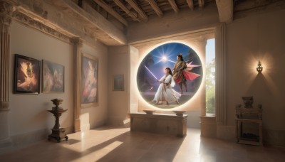 1girl,long hair,brown hair,black hair,long sleeves,1boy,dress,standing,sky,indoors,cape,white dress,book,window,shadow,sunlight,scenery,robe,light rays,wooden floor,stairs,light,wide shot,pillar,statue,painting (object),chandelier,short hair,blonde hair,holding,weapon,multiple boys,wings,day,sword,wide sleeves,holding weapon,armor,tree,holding sword,helmet,ceiling,white robe,reflective floor