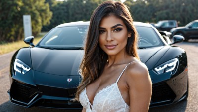 1girl,solo,long hair,breasts,looking at viewer,smile,large breasts,brown hair,black hair,cleavage,brown eyes,medium breasts,underwear,collarbone,upper body,outdoors,day,dark skin,bra,blurry,dark-skinned female,lips,blurry background,ground vehicle,motor vehicle,white bra,realistic,car,vehicle focus,photo background,mole,thick eyebrows,sports car