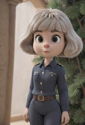 1girl,solo,looking at viewer,smile,short hair,bangs,brown hair,shirt,long sleeves,brown eyes,closed mouth,standing,white hair,cowboy shot,outdoors,collared shirt,belt,pants,artist name,blurry,uniform,blurry background,black pants,thick eyebrows,blue shirt,child,buckle,freckles,pocket,belt buckle,arms at sides,blue pants,female child,brown belt,breast pocket,police,police uniform,policewoman,breasts,blonde hair,lips,military,military uniform,denim,christmas,christmas tree