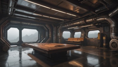 indoors,water,no humans,window,ground vehicle,scenery,reflection,science fiction,seat,machinery,wooden floor,cable