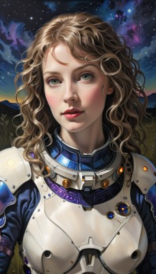 1girl,solo,long hair,breasts,looking at viewer,blonde hair,brown hair,green eyes,upper body,sky,armor,lips,bodysuit,makeup,night,wavy hair,looking up,lipstick,star (sky),night sky,starry sky,science fiction,curly hair,breastplate,realistic,red lips,space,spacesuit,blush,parted lips,freckles