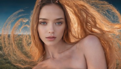 1girl,solo,long hair,looking at viewer,blue eyes,blonde hair,brown hair,hair ornament,bare shoulders,collarbone,upper body,nude,outdoors,parted lips,sky,teeth,day,blue sky,lips,grey eyes,floating hair,wavy hair,portrait,freckles,realistic,very long hair,water,orange hair,eyelashes,blue background,forehead