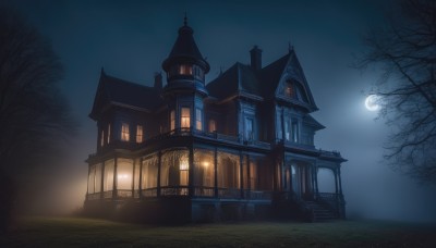 outdoors,sky,cloud,tree,no humans,window,night,moon,grass,building,night sky,scenery,full moon,architecture,house,bare tree,tower,fog,fantasy,light,dark,bridge,moonlight