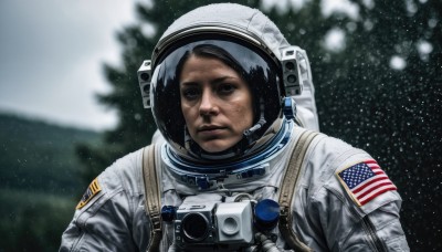 solo,looking at viewer,black hair,1boy,closed mouth,upper body,male focus,blurry,black eyes,tree,depth of field,blurry background,helmet,snow,snowing,realistic,camera,space,american flag,spacesuit,japanese flag,united states,astronaut,brown eyes,lips,star (sky),reflection,planet,earth (planet),space helmet,american flag print