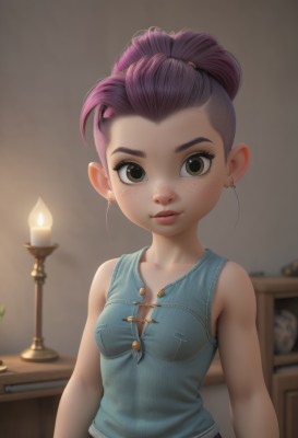 1girl,solo,breasts,looking at viewer,short hair,shirt,cleavage,bare shoulders,brown eyes,jewelry,closed mouth,green eyes,collarbone,upper body,pink hair,purple hair,earrings,small breasts,sleeveless,indoors,hair bun,blurry,lips,sleeveless shirt,blurry background,blue shirt,child,freckles,female child,candle,hair pulled back,body freckles,ponytail,artist name,eyelashes,watermark,aged down,web address,realistic,nose,candlestand,candlelight