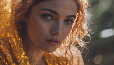 1girl,solo,long hair,looking at viewer,blonde hair,brown hair,brown eyes,closed mouth,mole,blurry,lips,eyelashes,depth of field,blurry background,wavy hair,portrait,close-up,freckles,curly hair,realistic,nose,bokeh,parted lips,sunlight,lens flare