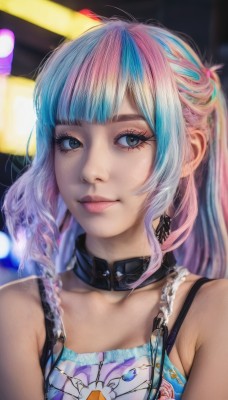 1girl,solo,long hair,looking at viewer,smile,bangs,blue eyes,bare shoulders,closed mouth,blue hair,collarbone,upper body,pink hair,multicolored hair,sleeveless,choker,blunt bangs,blurry,black eyes,collar,two-tone hair,lips,streaked hair,grey eyes,eyelashes,aqua hair,gradient hair,makeup,blurry background,eyeshadow,realistic,nose,jewelry,sidelocks,artist name,necklace,watermark,portrait,web address,pink lips,eyeliner,strap,mascara