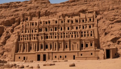 monochrome,outdoors,sky,day,no humans,window,building,scenery,rock,sand,road,ruins,house,sepia,brown theme,blue sky,desert