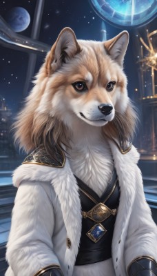 solo,looking at viewer,gloves,long sleeves,brown eyes,jewelry,jacket,upper body,open clothes,sky,artist name,indoors,signature,vest,coat,fur trim,no humans,window,night,animal,moon,white jacket,brooch,gem,star (sky),night sky,starry sky,dog,animal focus,white fur,planet,brown hair,animal ears,furry,fur collar