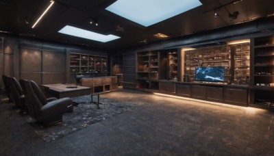 sky,indoors,book,no humans,window,night,chair,table,star (sky),night sky,scenery,couch,wooden floor,bookshelf,tiles,light,lamp,tile floor,ceiling,ceiling light,bottle,bar (place)