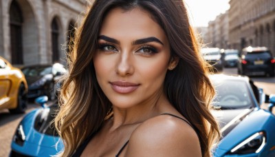 1girl,solo,long hair,looking at viewer,smile,brown hair,bare shoulders,brown eyes,jewelry,upper body,earrings,outdoors,day,dark skin,blurry,dark-skinned female,lips,eyelashes,makeup,blurry background,wavy hair,thick eyebrows,ground vehicle,portrait,motor vehicle,realistic,nose,car,stud earrings,black hair,teeth,artist name,depth of field,sunlight,building,close-up,road