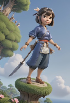 1girl,solo,looking at viewer,smile,short hair,bangs,multiple girls,brown hair,black hair,hair ornament,brown eyes,jewelry,closed mouth,standing,full body,weapon,flower,short sleeves,outdoors,sky,shoes,solo focus,day,puffy sleeves,pants,sword,cloud,water,bracelet,tree,blue sky,puffy short sleeves,lips,sash,brown footwear,grass,feathers,blue shirt,knife,polearm,sheath,child,female child,bangle,feather hair ornament,baggy pants,spear