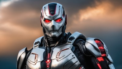 solo,looking at viewer,red eyes,1boy,upper body,male focus,sky,cloud,armor,mask,glowing,helmet,glowing eyes,science fiction,power armor,tokusatsu,portrait,close-up,realistic