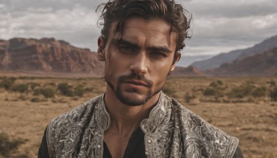 solo,looking at viewer,short hair,brown hair,shirt,1boy,brown eyes,jewelry,closed mouth,upper body,male focus,earrings,outdoors,sky,day,cloud,blurry,black eyes,black shirt,blurry background,facial hair,scar,cloudy sky,portrait,beard,scar on face,mountain,realistic,mustache,photo background,grey sky,eyebrow cut,black hair,dark skin,lips,dark-skinned male,scar across eye