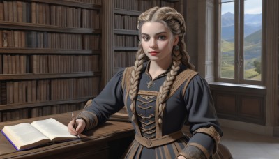 1girl,solo,long hair,looking at viewer,blonde hair,brown hair,long sleeves,dress,holding,brown eyes,jewelry,sitting,upper body,braid,earrings,indoors,necklace,twin braids,lips,book,window,makeup,chair,table,lipstick,hair over shoulder,open book,bookshelf,pen,writing,quill,multiple braids,blue eyes,closed mouth,day,mole,black dress,parody,mountain,red lips,pencil,fine art parody,holding pencil