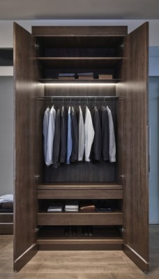 shirt,white shirt,indoors,book,no humans,chair,table,box,scenery,wooden floor,door,still life,clothes hanger