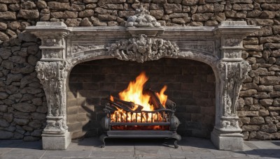 no humans,fire,scenery,stairs,wall,brick wall,pillar,throne,statue,torch,arch,column,stone floor,stone wall,solo,sitting,outdoors,skull,ruins,skeleton,bone,fireplace