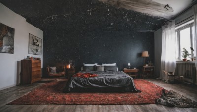 sky,indoors,pillow,book,no humans,window,bed,night,chair,table,plant,curtains,box,star (sky),night sky,scenery,couch,snow,starry sky,wooden floor,bookshelf,potted plant,light,lamp,candle,bedroom,painting (object),carpet,rug,cabinet,fireplace,blanket,constellation,drawer,candlestand