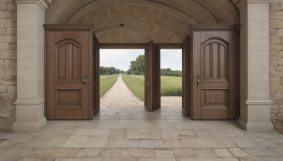 outdoors,sky,day,cloud,tree,blue sky,no humans,window,grass,scenery,door,road,bush,wall,pillar,path,1girl,solo,indoors,wooden floor,tile floor,open door,carpet