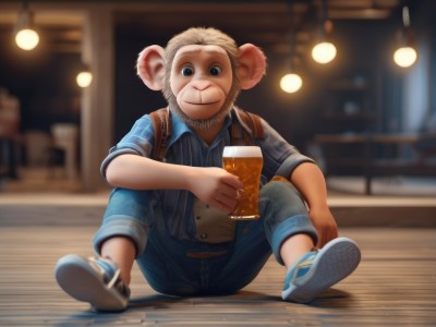 solo,looking at viewer,smile,blue eyes,shirt,1boy,holding,animal ears,sitting,closed mouth,full body,male focus,shoes,collared shirt,pants,indoors,blurry,black eyes,cup,blurry background,facial hair,blue shirt,denim,sneakers,holding cup,beard,furry,alcohol,sleeves rolled up,drinking glass,blue footwear,jeans,striped shirt,mug,mouse ears,drink,furry male,beer,beer mug,bar (place),open clothes,bag,vest,depth of field,backpack,realistic,blue pants,plaid shirt,shoelaces