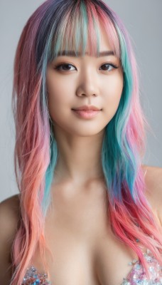 1girl,solo,long hair,breasts,looking at viewer,smile,bangs,large breasts,simple background,cleavage,bare shoulders,brown eyes,medium breasts,closed mouth,blue hair,upper body,pink hair,multicolored hair,blunt bangs,grey background,two-tone hair,lips,realistic,collarbone,bra,makeup,watermark