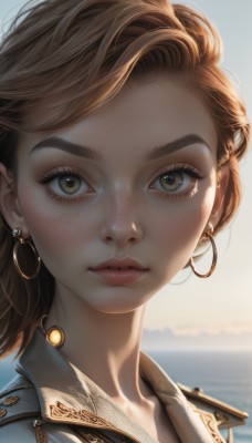 1girl,solo,looking at viewer,short hair,brown hair,brown eyes,jewelry,jacket,earrings,outdoors,parted lips,day,blurry,lips,eyelashes,blurry background,ocean,thick eyebrows,portrait,close-up,backlighting,freckles,hoop earrings,realistic,nose,denim jacket,bangs,sky,artist name,signature,makeup