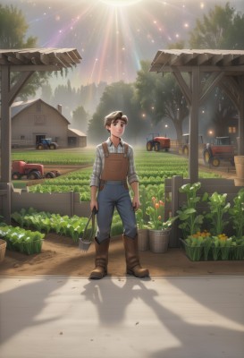 1girl,solo,smile,short hair,brown hair,shirt,black hair,1boy,holding,brown eyes,standing,flower,male focus,boots,outdoors,sky,collared shirt,black eyes,tree,plaid,shadow,brown footwear,sunlight,plant,ground vehicle,building,scenery,motor vehicle,sleeves rolled up,sun,car,potted plant,light,bucket,overalls,plaid shirt,flower pot,truck,looking at viewer,long sleeves,closed mouth,full body,white shirt,day,pants,grass,denim,star (sky),grey shirt,light rays,yellow flower,blue pants,road,house