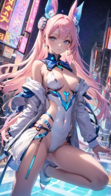 1girl,solo,long hair,breasts,looking at viewer,blush,smile,bangs,blue eyes,long sleeves,animal ears,cleavage,bare shoulders,jewelry,medium breasts,very long hair,closed mouth,standing,jacket,pink hair,thighs,earrings,outdoors,parted lips,open clothes,sky,shoes,off shoulder,nail polish,rabbit ears,high heels,leotard,open jacket,legs,bare legs,covered navel,night,cameltoe,headgear,highleg,leg up,white footwear,white jacket,standing on one leg,building,skin tight,highleg leotard,white leotard,large breasts,hair ornament,detached collar,fake animal ears,playboy bunny,extra ears,neon lights