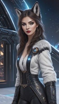 1girl,solo,long hair,breasts,looking at viewer,brown hair,gloves,animal ears,cleavage,brown eyes,jewelry,medium breasts,cowboy shot,earrings,pants,cat ears,mole,lips,coat,fur trim,makeup,night,wavy hair,black pants,lipstick,corset,snow,eyeshadow,red lips,bangs,shirt,black hair,long sleeves,closed mouth,standing,jacket,small breasts,open clothes,sky,artist name,signature,parted bangs,wolf ears,star (sky),forehead,starry sky,realistic,nose,space,planet