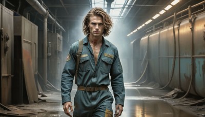 HQ,solo,looking at viewer,short hair,blue eyes,brown hair,long sleeves,1boy,standing,male focus,cowboy shot,belt,pants,indoors,signature,uniform,lips,blood,facial hair,science fiction,pocket,realistic,dirty,jumpsuit,blonde hair,earrings,injury,retro artstyle,cable,industrial pipe,machine