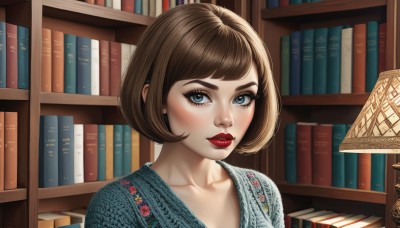 1girl,solo,looking at viewer,short hair,bangs,blue eyes,brown hair,collarbone,upper body,parted lips,indoors,lips,book,eyelashes,makeup,floral print,bob cut,lipstick,portrait,freckles,nose,bookshelf,red lips,lamp,eyeliner,book stack,library,mascara,blush,eyeshadow,realistic