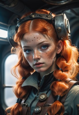 1girl,solo,long hair,looking at viewer,blue eyes,twintails,upper body,braid,artist name,orange hair,blurry,twin braids,lips,goggles,portrait,zipper,freckles,realistic,nose,steampunk,red hair,eyelashes,blood,goggles on head,dirty,dirty face