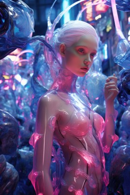 1girl,solo,long hair,breasts,looking at viewer,blue eyes,navel,medium breasts,upper body,white hair,parted lips,solo focus,hand up,blurry,lips,see-through,blurry background,science fiction,realistic,cyberpunk,short hair,small breasts,alien