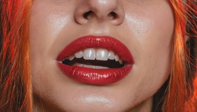 1girl,solo,long hair,open mouth,teeth,tongue,orange hair,lips,makeup,upper teeth only,lipstick,portrait,close-up,realistic,nose,red lips,1boy,male focus,red hair,parody,freckles,head out of frame