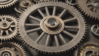 solo,blue eyes,no humans,from above,gears,roman numeral,eye focus,steampunk,artist name,scenery,clock,still life