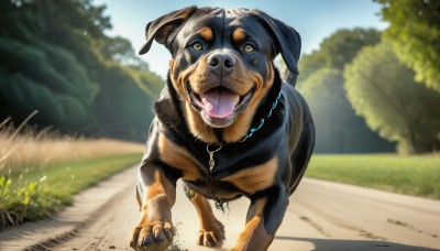 HQ,solo,open mouth,outdoors,sky,day,tongue,tongue out,blurry,collar,tree,no humans,saliva,depth of field,blurry background,animal,grass,claws,running,dog,realistic,road,animal focus,looking at viewer,yellow eyes,teeth,blue sky,fangs,nature