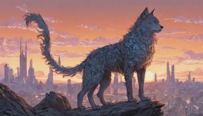 solo,standing,tail,yellow eyes,outdoors,sky,cloud,from side,no humans,animal,cloudy sky,building,scenery,sunset,city,sun,cityscape,wolf,orange sky,fantasy