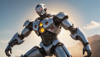 solo,red eyes,standing,outdoors,sky,cloud,no humans,glowing,robot,mecha,glowing eyes,science fiction,mountain,looking ahead,open hands,humanoid robot,1boy,military,realistic,sun,military vehicle