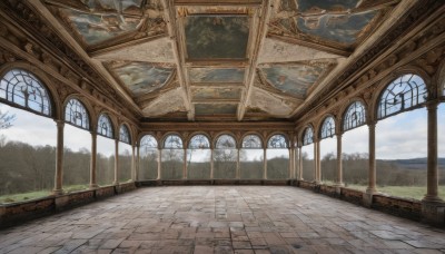 outdoors,sky,day,cloud,indoors,tree,blue sky,no humans,window,cloudy sky,grass,nature,scenery,stairs,fantasy,architecture,pillar,landscape,arch,column,signature,water,fish,mountain,tile floor,lake,painting (object)