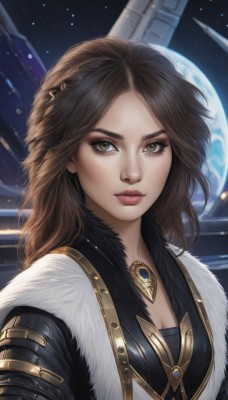 1girl,solo,long hair,breasts,looking at viewer,brown hair,hair ornament,cleavage,brown eyes,jewelry,medium breasts,closed mouth,upper body,lips,fur trim,makeup,moon,star (sky),eyeshadow,starry sky,freckles,science fiction,realistic,nose,space,planet,sky,artist name,necklace,armor,parted bangs,eyelashes,gem,fur collar